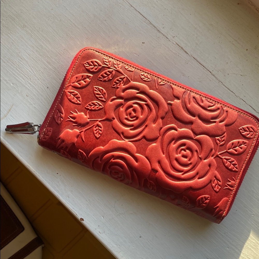 Elegant Red Floral Embossed Wallet